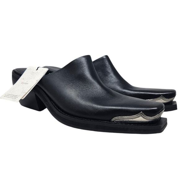 NEW MNG Mango 38 Leather Mule Metallic Cap Toe Western Boho Goth Clog Whimsygoth - Picture 1 of 7